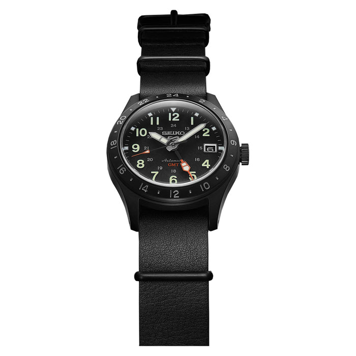 Seiko 5 Sports Field GMT Men's Black Dial Black leather Strap Automatic GMT Watch - SSK025
