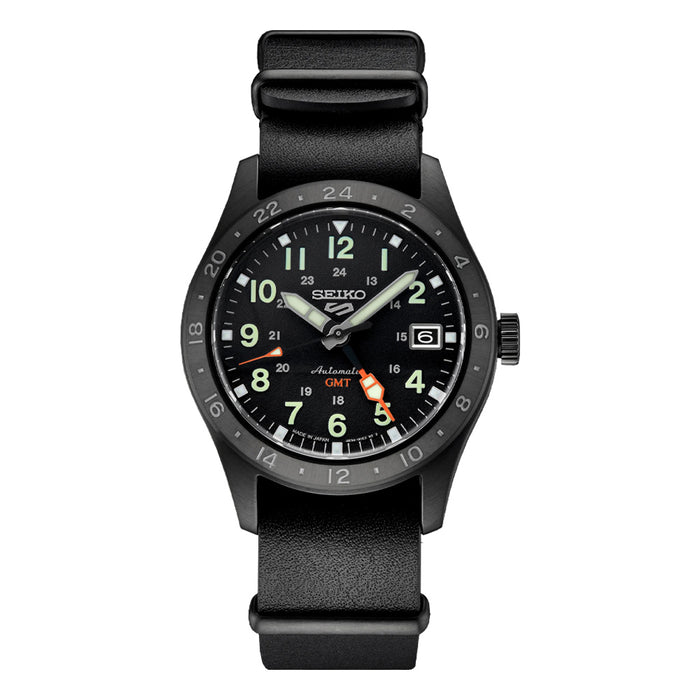 Seiko 5 Sports Field GMT Men's Black Dial Black leather Strap Automatic GMT Watch - SSK025