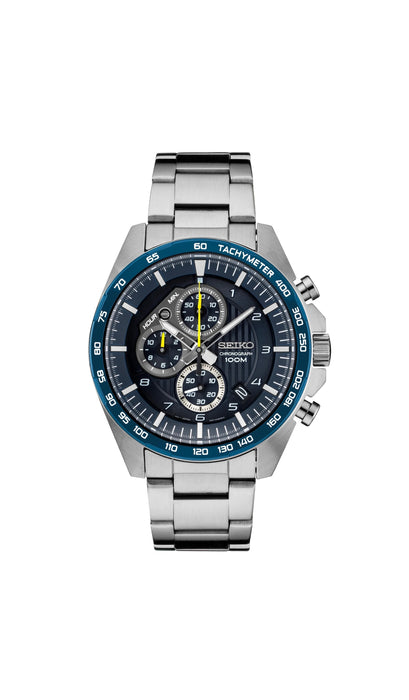 Seiko Mens Essentials Stainless Steel Bracelet Black Blue Dial Chronograph Quartz Watch - SSB321