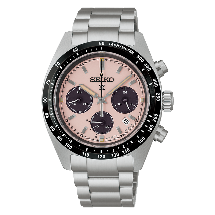 Seiko Men's Pink Dial Silver Stainless Steel Band Solar Chronograph Quartz Watch - SSC963