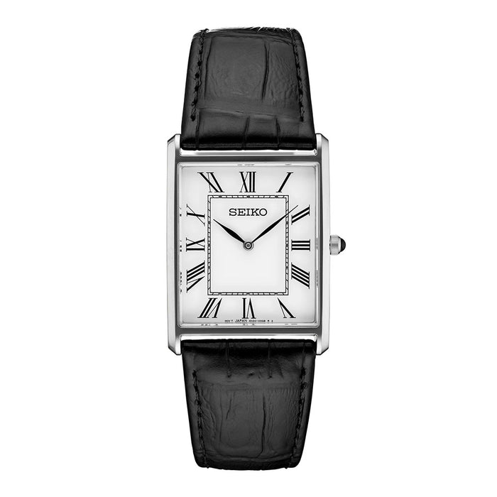 SEIKO Men's White Dial Black Leather Strap Roman Numerals Analog Quartz Watch - SWR049