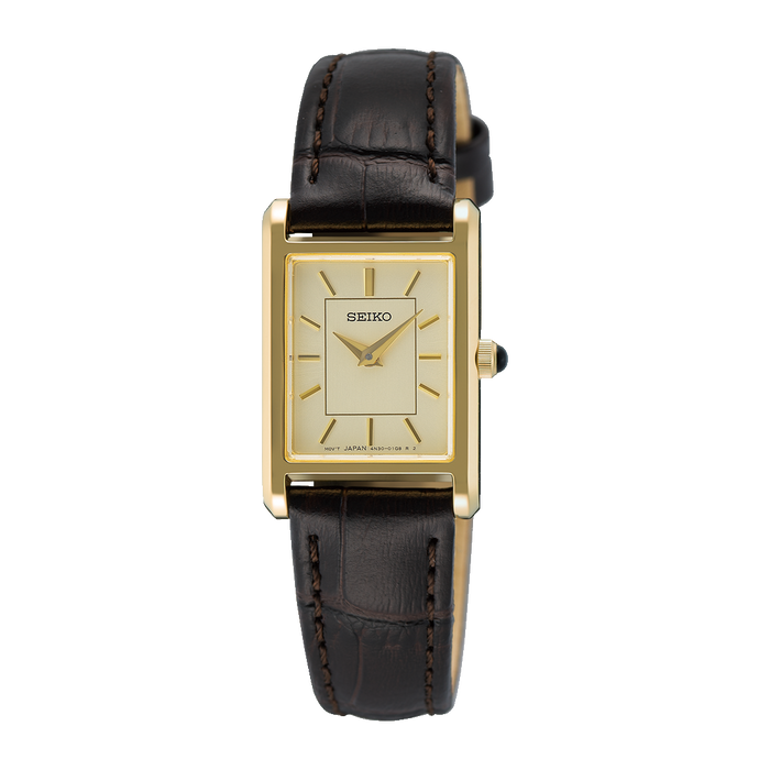 Seiko Men's Golden Dial Black Cow leather Band Sapphire crystal Quartz Watch - SWR110