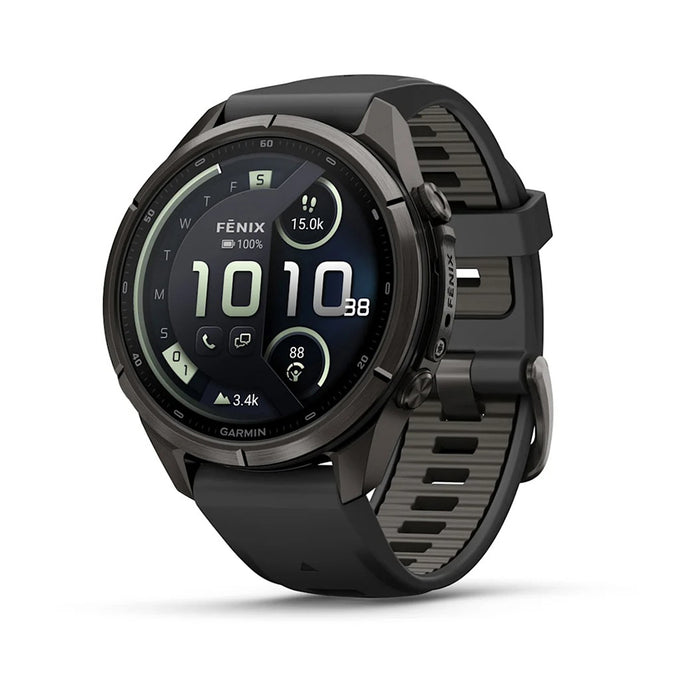 Garmin fēnix® 9 Pro 43mm Unisex Black/Pebble Gray Titanium With Black Silicone Band AMOLED Display inReach® Technology Premium Connected Multisport GPS Smartwatch - 010-04335-10