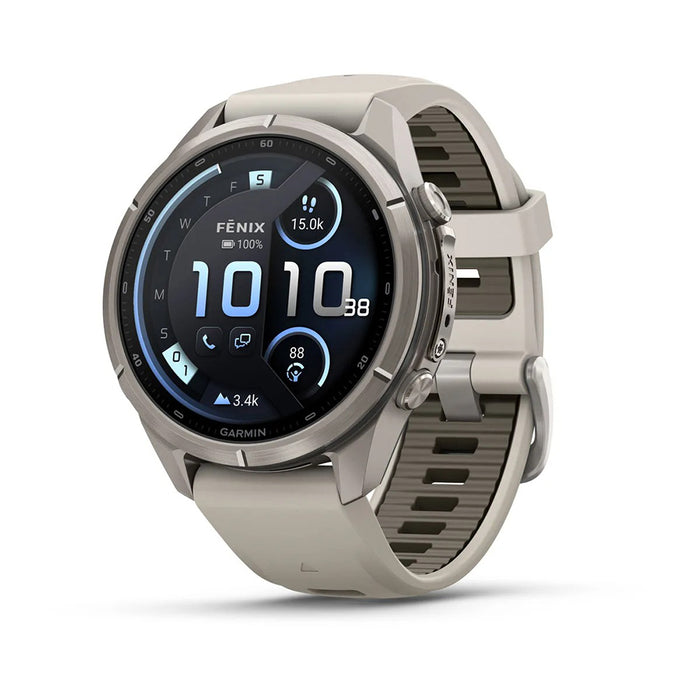 Garmin fēnix® 9 Pro 43mm Unisex Fog Gray Titanium With Dark Sandstone Silicone Band AMOLED Display inReach® Technology Premium Connected Multisport GPS Smartwatch - 010-04335-80