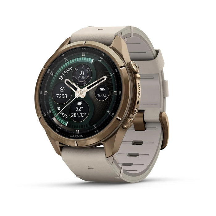 Garmin fēnix® 9 Pro 43mm Unisex Autumn Gold Titanium With Bone Leather Band AMOLED Display inReach® Technology Premium Connected Multisport GPS Smartwatch - 010-04335-40