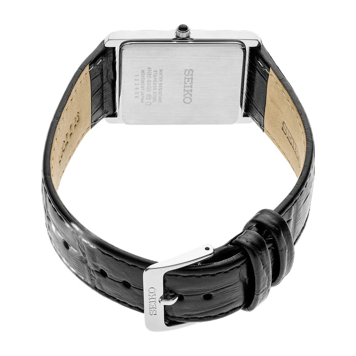 SEIKO Men's White Dial Black Leather Strap Roman Numerals Analog Quartz Watch - SWR049