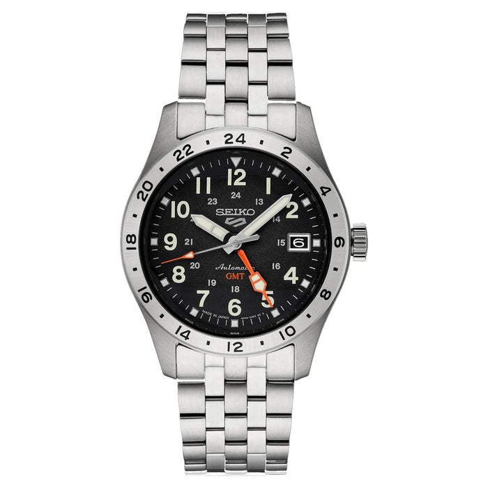 Seiko 5 Sports Field GMT Men's Black Dial Silver Stainless Steel Strap Automatic GMT Watch - SSK023