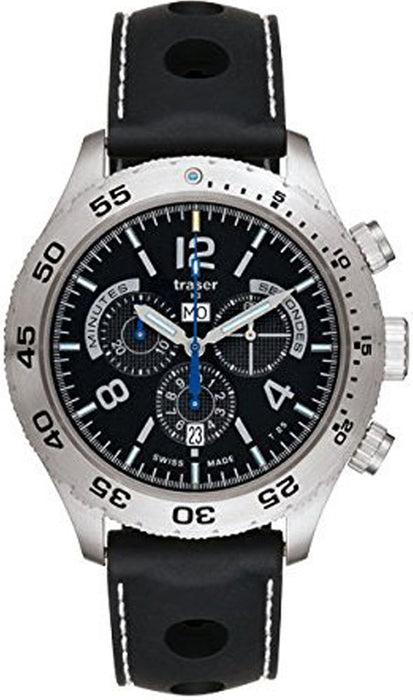 Traser Mens Classic Elegance Chronograph Stainless Watch - Black Rubber Strap - Black Dial - 105036