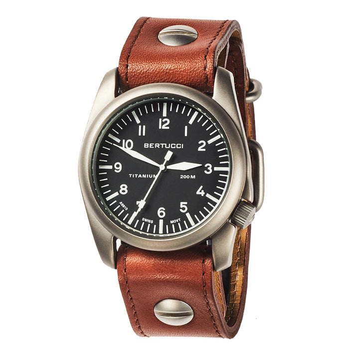 Bertucci A-4T Vintage 44 Aero Men's Titanium Watch - Vintage Tan Leather Strap - Black Aero Dial - 13401