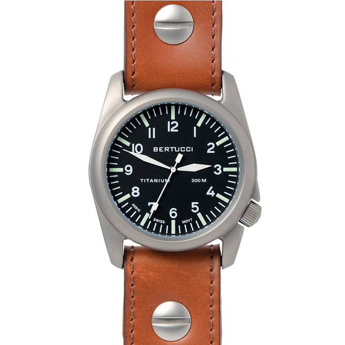 Bertucci A-4T Vintage 44 Aero Men's Titanium Watch - Vintage Tan Leather Strap - Black Aero Dial - 13401