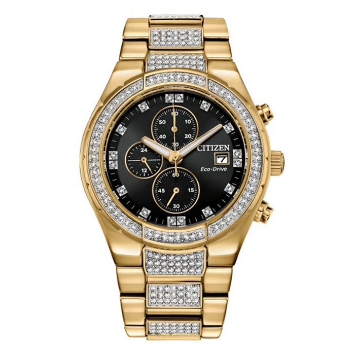 Citizen Mens Crystal Swiss Automatic Black Dial Gold Stainless Steel Strap Watch - CA0752-58E