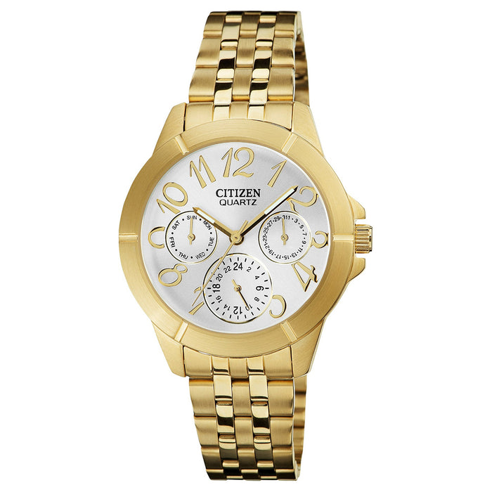 Citizen Quartz Womens Chronograph Stainless Watch - Gold Bracelet - Silver Dial - ED8102-56A