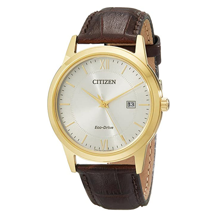 Citizen Mens Eco-Drive Beige Dial Brown Band Stainless Steel Japanese Quartz Watch - AW1232-04A