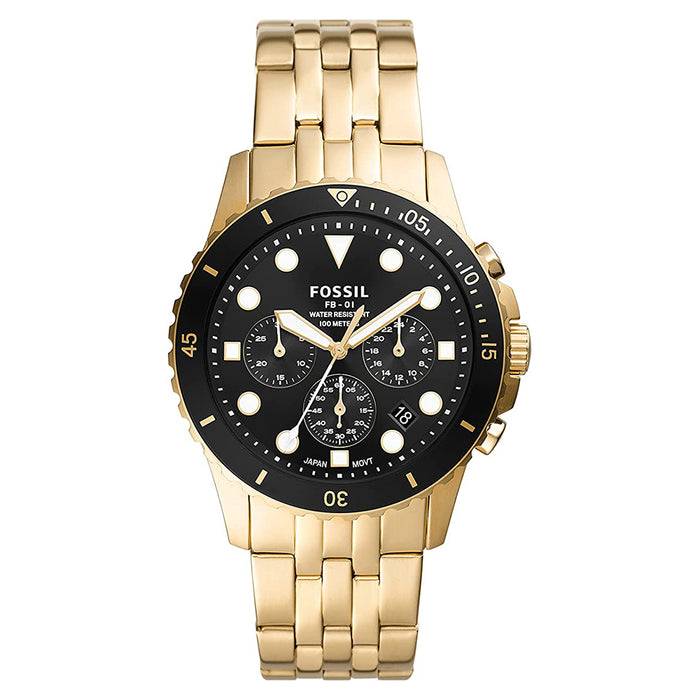 Fossil Mens Black Dial Gold Band Stainless Steel Quartz Watch - FS5836