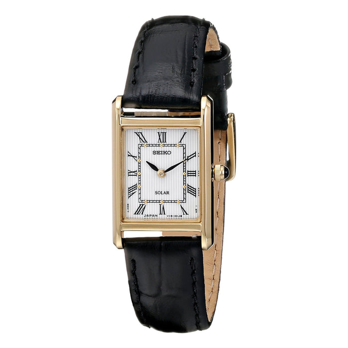 Seiko Womens Solar Stainless Steel Case Leather Strap White Dial Gold Watch - SUP250