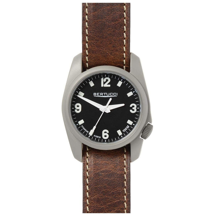 Bertucci A-1T Titanium Mens Nut Brown Leather Band Black Quartz Dial Watch - 10303