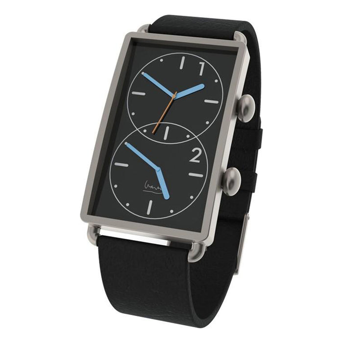 Projects Mens Grand Tour Dual Time Michael Graves Stainless Watch - Black Leather Strap - Black Dial - 7610B