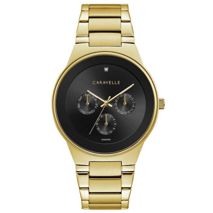 Caravelle Dress Mens Gold Stainless steel Band Black Quartz Dial Watch - 44D102