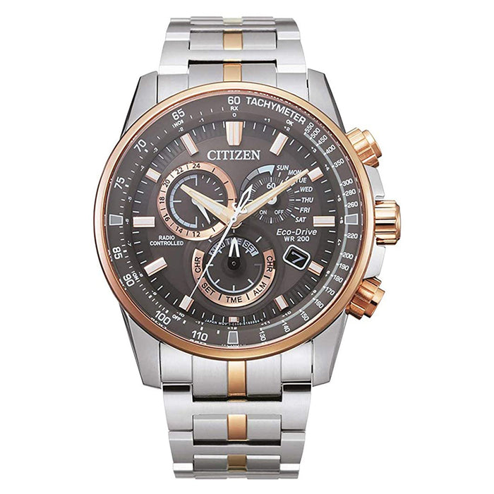 Citizen Men's Gray Dial Two Tone Silver Rose Gold Band Stainless Steel Eco-Drive Watch - CB5886-58H