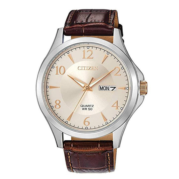 Citizen 20 Standard Men's Brown Leather Calfskin Strap Champagne Gold Stainless Steel Quartz Dial Watch - BF2009-29X