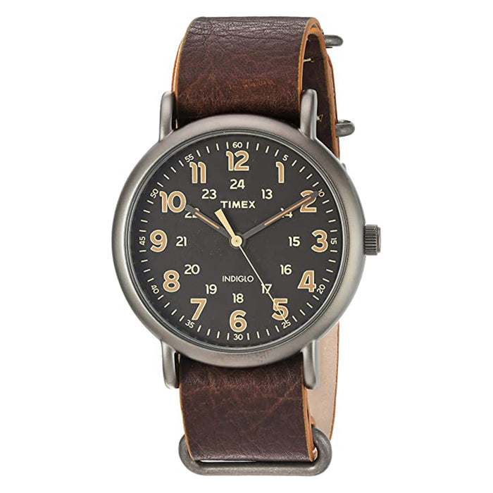 Timex Mens Black Dial Brown Leather Band Weekender Quartz Watch - TW2P85800