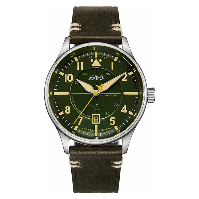 AVI-8 Men's Green Dial Black Leather Band Hawker Hurricane Kent Automatic Watch - AV-4094-03