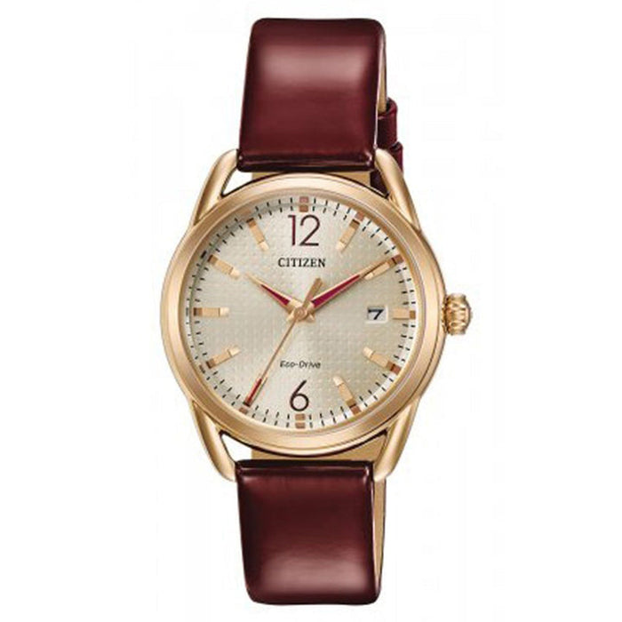 Citizen Eco Drive Womens Rose Gold Tone Burgundy Leather Strap Watch - FE6083-05P