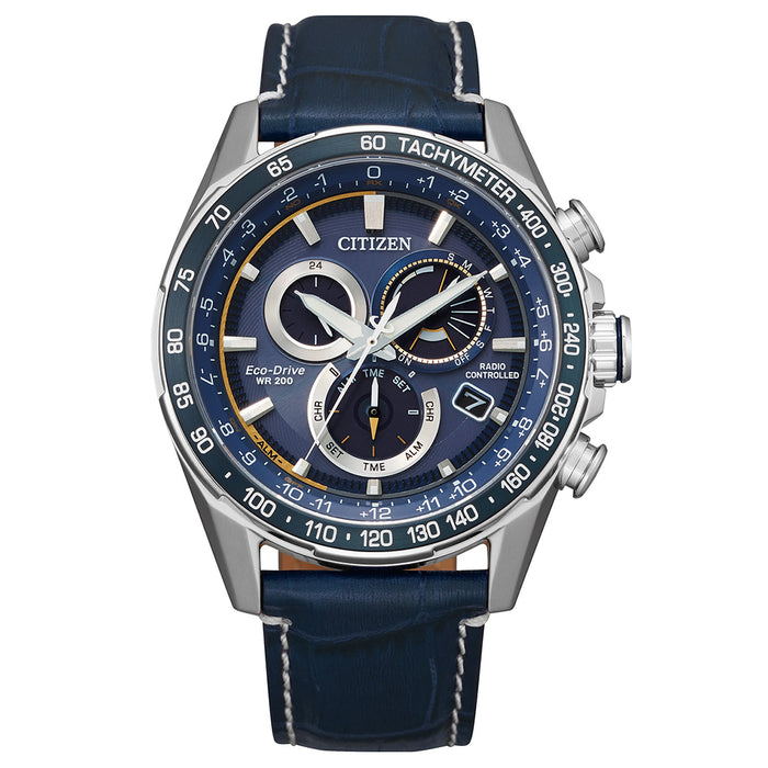Citizen Mens Eco-Drive Perpetual Chrono AT Blue Dial Leather Strap Watch - CB5918-02L