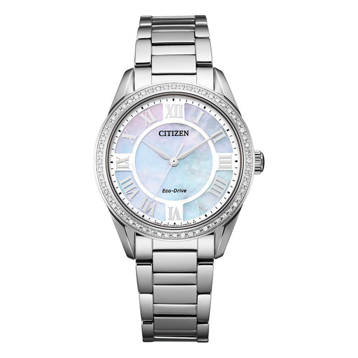Citizen Womens Eco-Drive Arezzo Diamond Accent Mother-of-Pearl Dial Silver-Tone Bracelet Watch - EM0880-54D