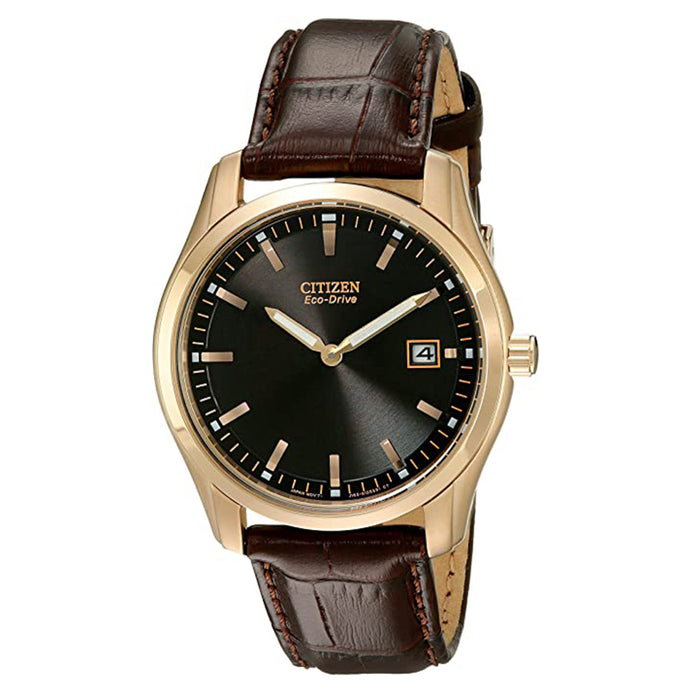 Citizen Mens Eco-Drive Black Dial Rose Gold Tone Leather Band Stainless Steel Watch - AU1043-00E