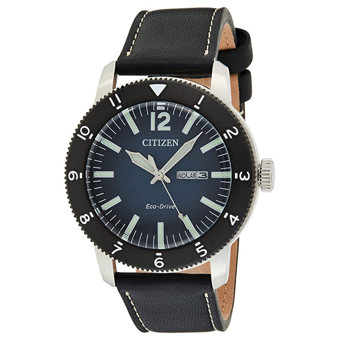 Citizen Men's Blue Dial Black Leather Band Eco-Drive Watch - AW0077-19L