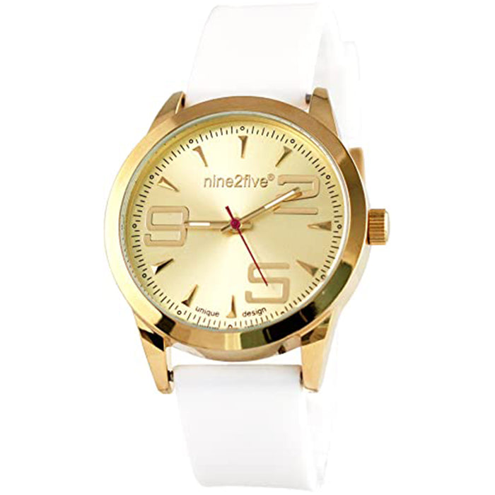 Nine2Five Women's Gold Dial White Silicone Band Quartz Watch - AEVY07BLGL
