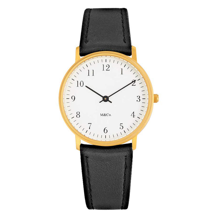 Projects Unisex Brass Case Black Leather Band White Dial Round Watch - 7401BR-BK
