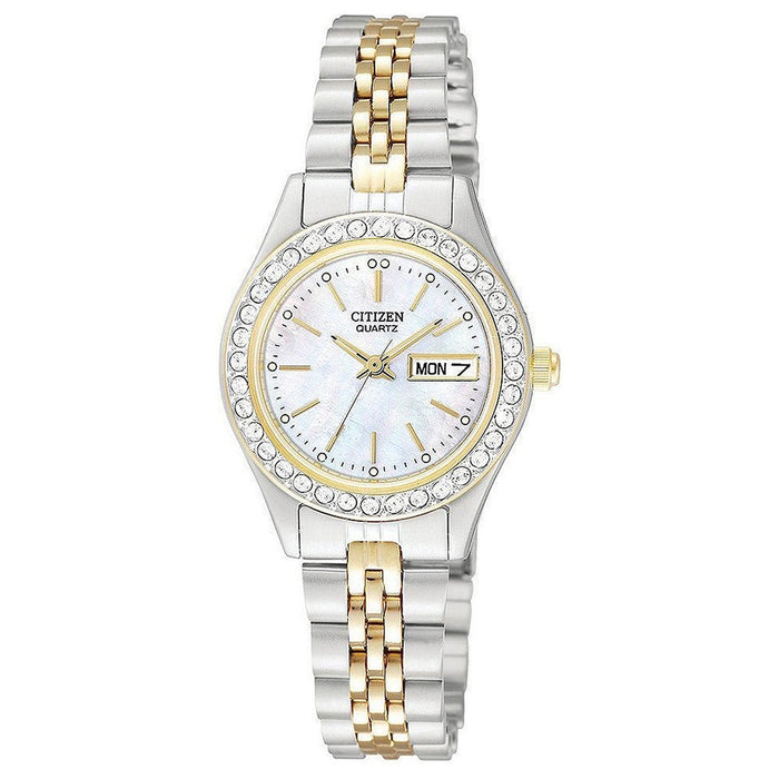 Citizen Quartz Womens Crystal Analog Stainless Watch - Two-tone Bracelet - Pearl Dial - EQ0534-50D