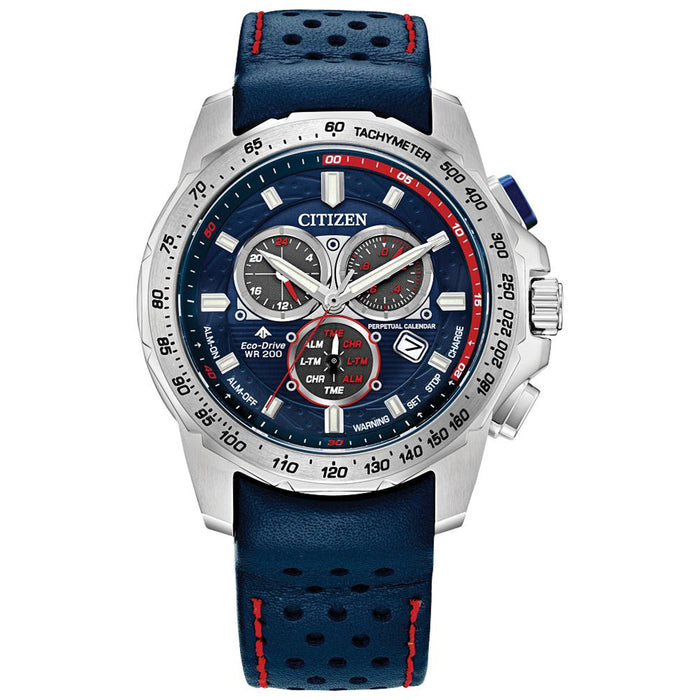 Citizen Mens Eco-Drive Promaster MX Chronograph Stainless Steel Case Blue Leather Strap Watch - BL5571-09L