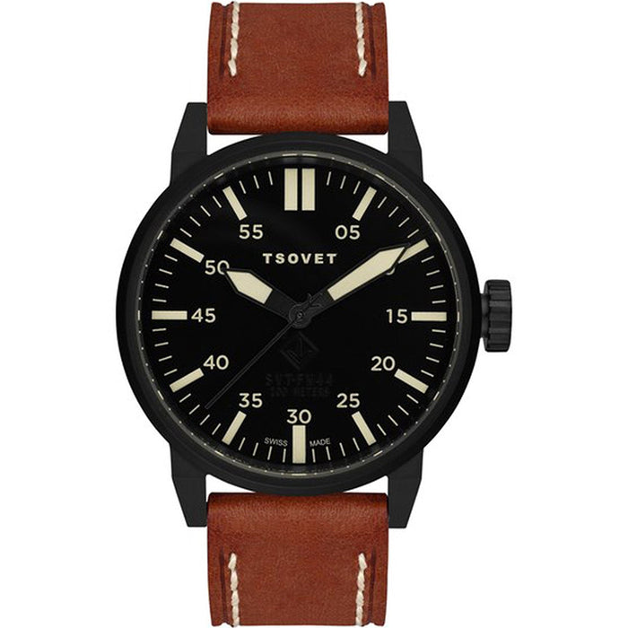 Tsovet Mens Brown Leather Strap Stainless Steel Case Matte Black Dial Round Watch - FW771710-45