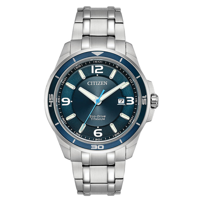 Citizen Mens Silver Titanium Bracelet Strap Blue Quartz Dial Stainless Steel Case Watch - BM6929-56L