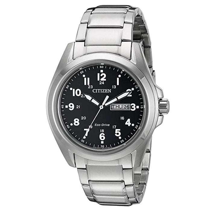 Citizen Mens Eco-Drive Black Dial Silver Band Stainless Steel Quartz Watch - AW0050-82E