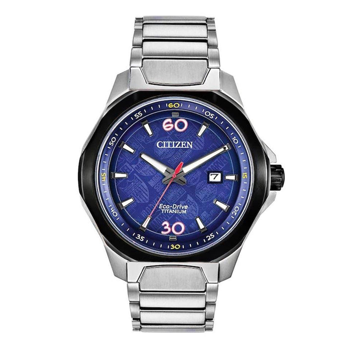 Citizen Eco-Drive Marvel 80th Anniversary Mens Silver-Tone Titanium Band Blue Quartz Dial Watch - AW1548-86W