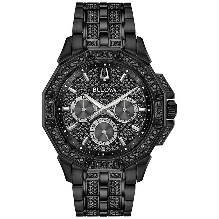 Bulova Men's Quartz Black Stainless Steel Black Leather Bracelet Crystal Octava Watch - 98C134