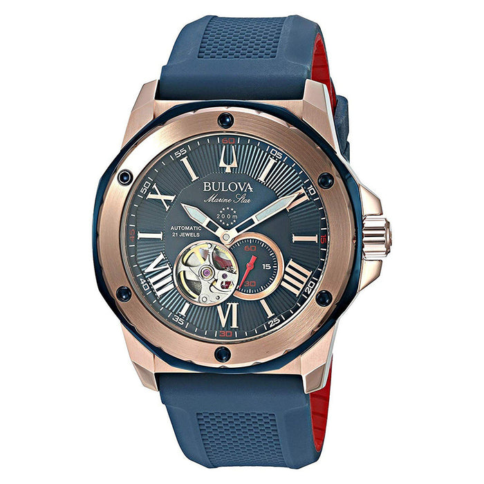 Bulova Classic Mens Blue Silicone Band Blue/Rose Gold Dial Automatic Watch - 98A227