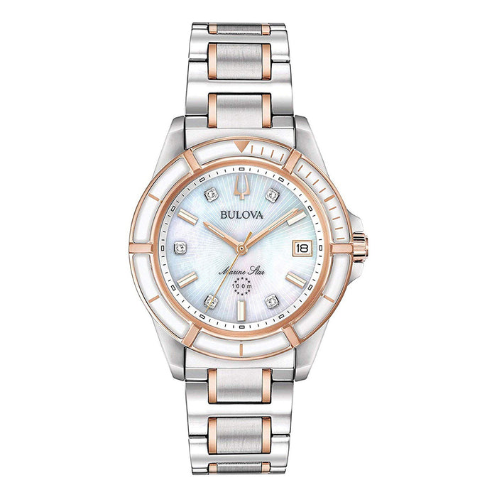 Bulova Marine Star Womens Silver/Rose Gold Stainless Steel Band Mother of Pearl Quartz Dial Watch - 98P187