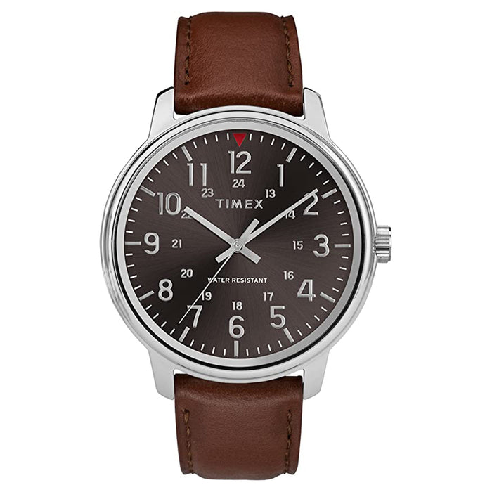 Timex Mens Classics 43mm Silver Case Mineral Glass Brown Leather Strap Watch - TW2R85700