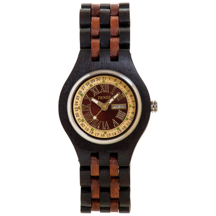 Tense Wood Carine Mens Wood Case and Bracelet Two-tone Dial Dark Sandalwood Watch - B4600DR
