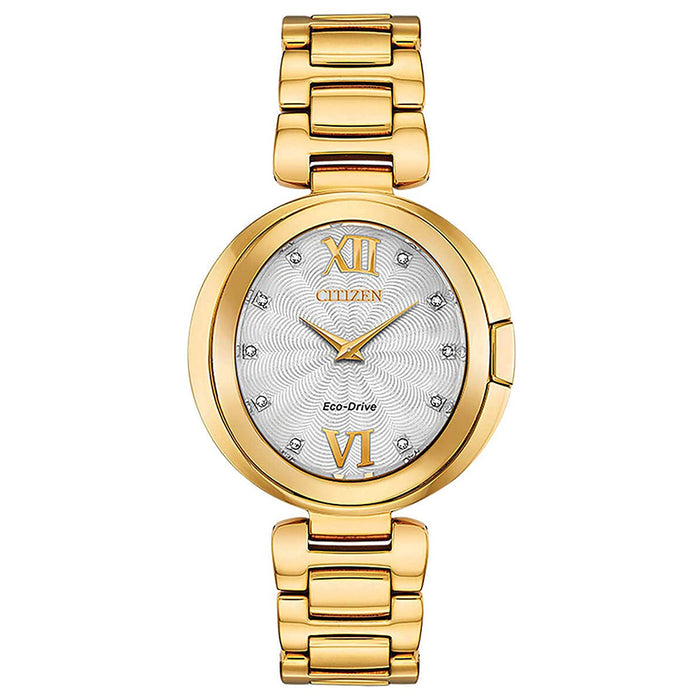 Citizen Womens Eco-Drive Capella Diamond Silver Dial Yellow Gold-tone Band Stainless Steel Watch - EX1512-53A