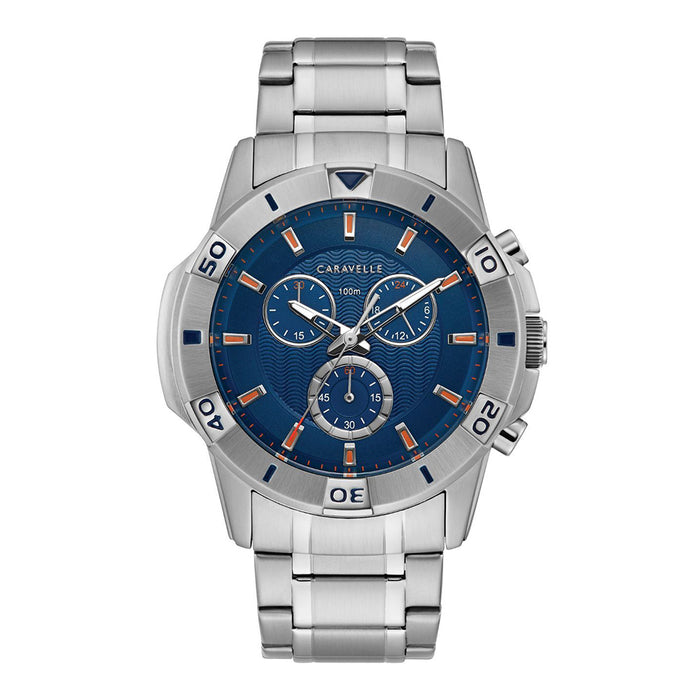Caravelle Mens Silver-Tone Stainless Steel Bracelet Band Chronograph Blue Dial Watch - 43B171