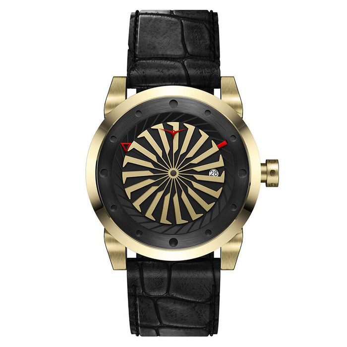 Zinvo Blade Onyx Mens Black Leather Band Golden Automatic Movement Dial Watch - BLADEONYX