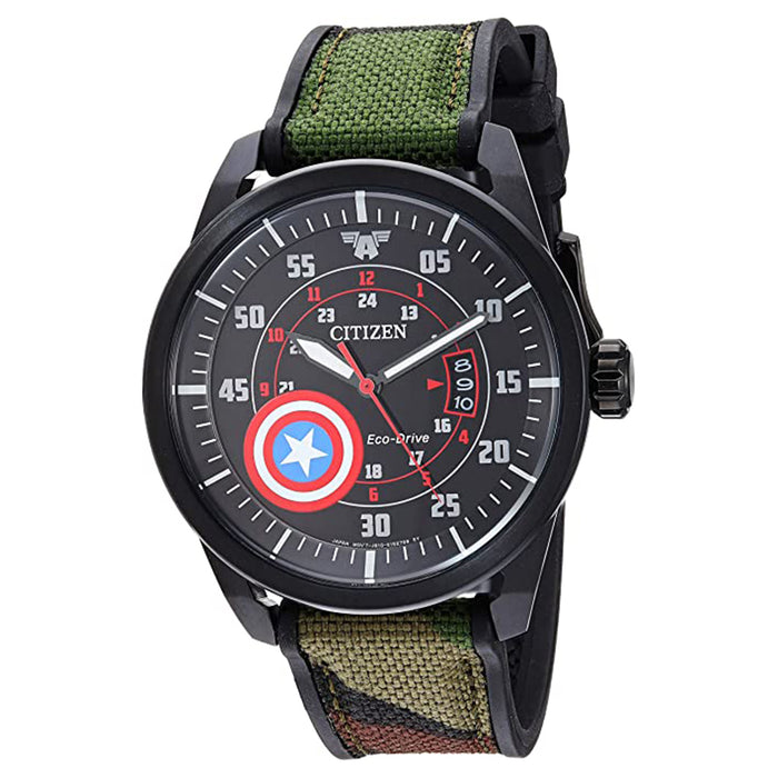 Citizen Mens Marvel Captain America Black Dial Multicolor Band Camouflage Nylon Watch - AW1367-05W