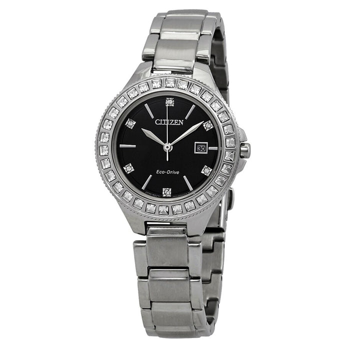 Citizen Eco-Drive Womens Silver Stainless Steel Band Black Quartz Dial Watch - FE1190-53E