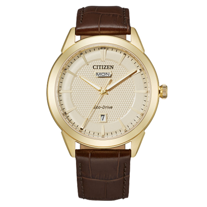 Citizen Mens Eco-Drive Corso 18K Gold Plate Champagne Dial Strap Watch - AW0092-07Q